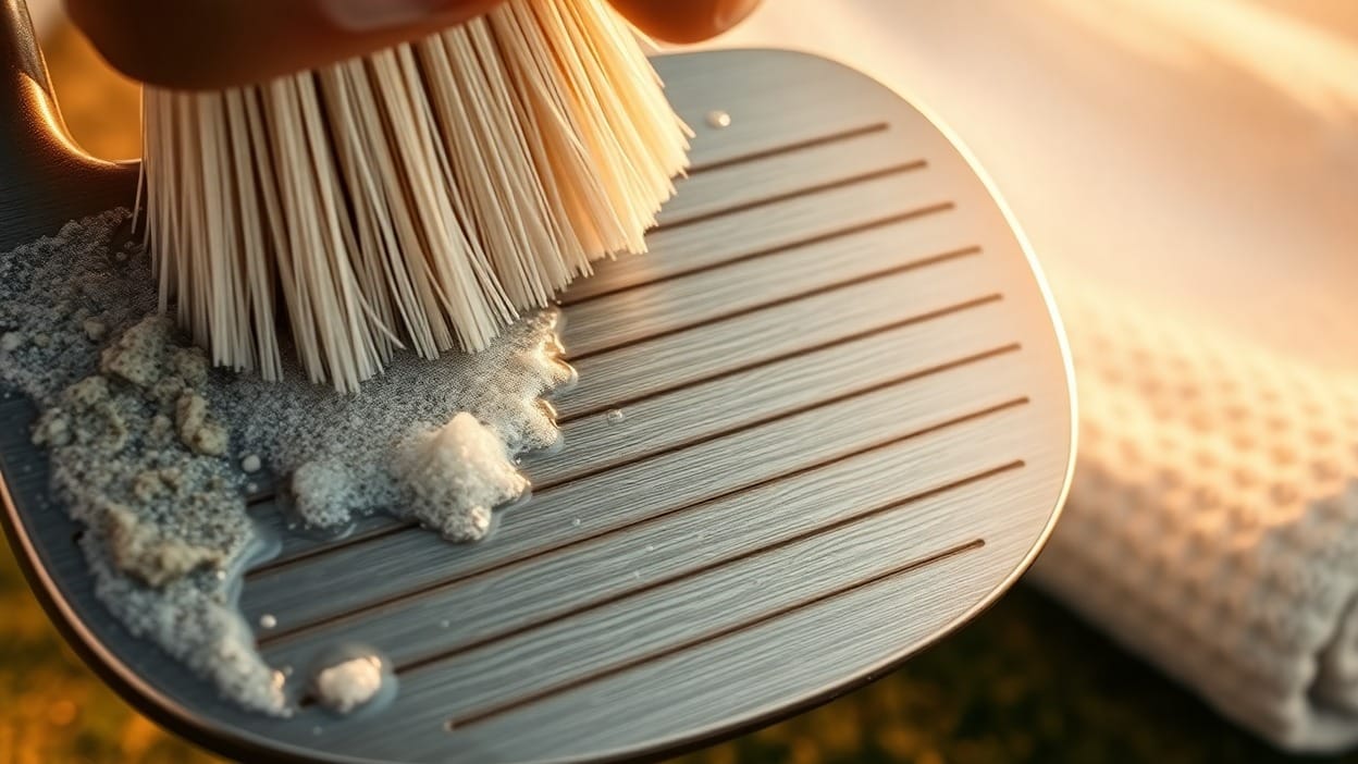 Close-up of a golf wedge clubface being scrubbed clean with a soft brush, soap suds and dirt on one side, crisp clean grooves catching the light on the other.