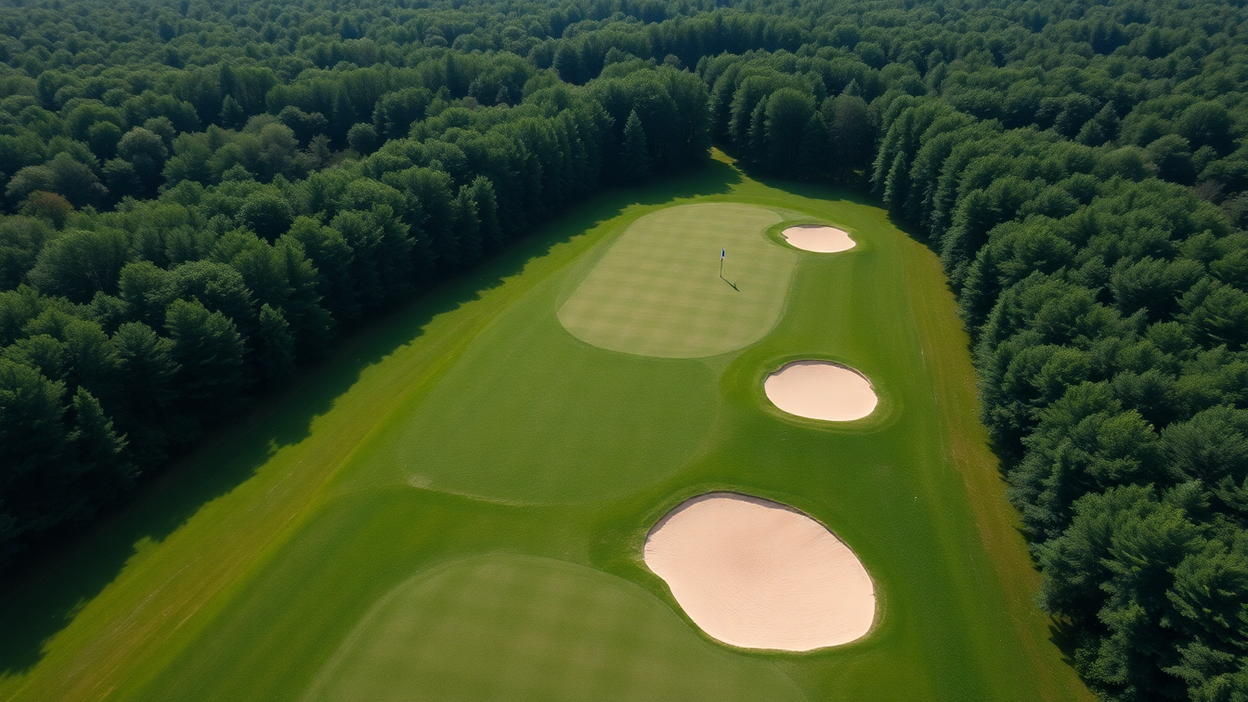 Aerial view of a tree-lined par 4 with two large bunkers down the right side of the fairway and a third beside the green, leaving open turf to the left of the flag.