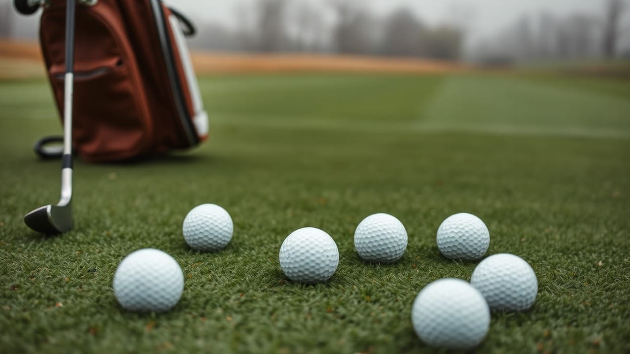 An unbranded iron stands beside a rust-colored golf bag at the edge of a practice area, with seven white golf balls scattered across the grass in the foreground and a misty tree line beyond.