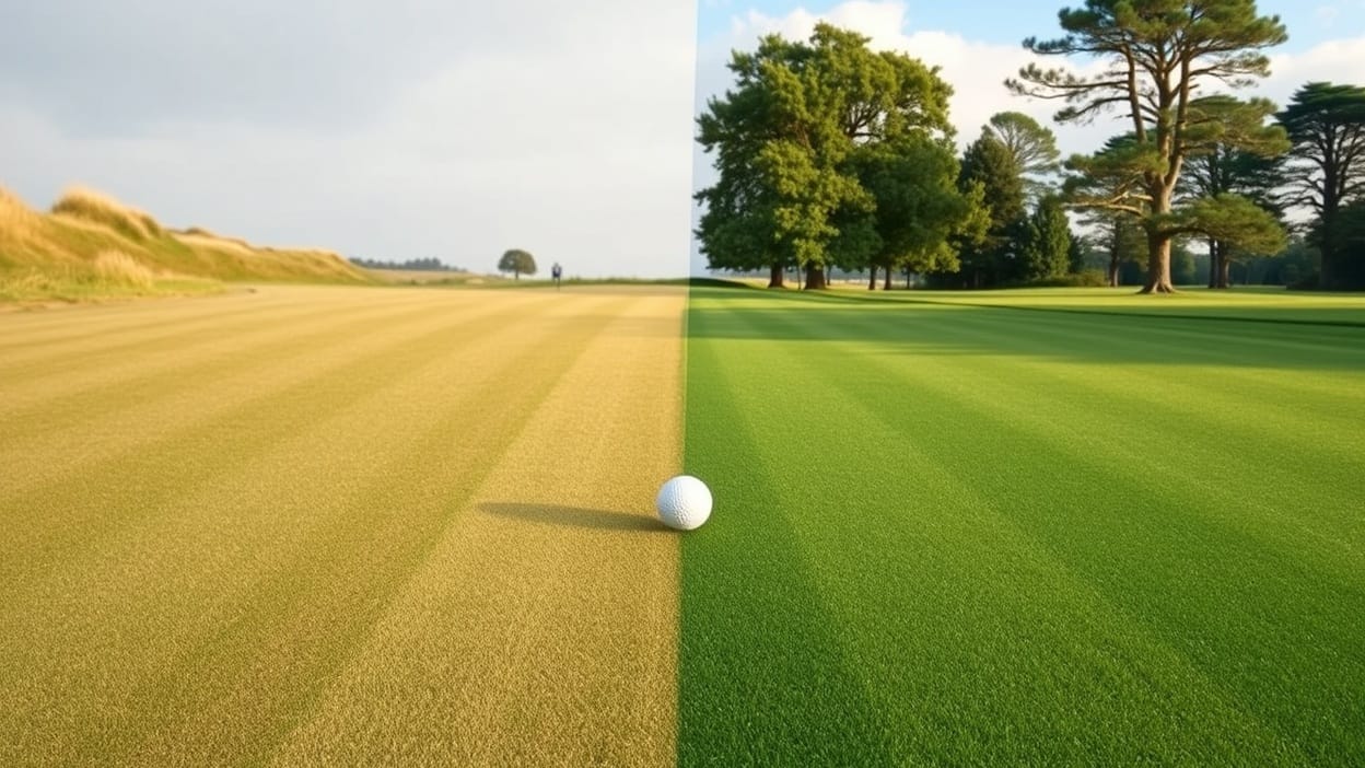 Split-screen golf fairway: firm, pale links turf with dunes and grey sky on the left, lush tree-lined parkland fairway under blue sky on the right, a golf ball resting on the dividing line.