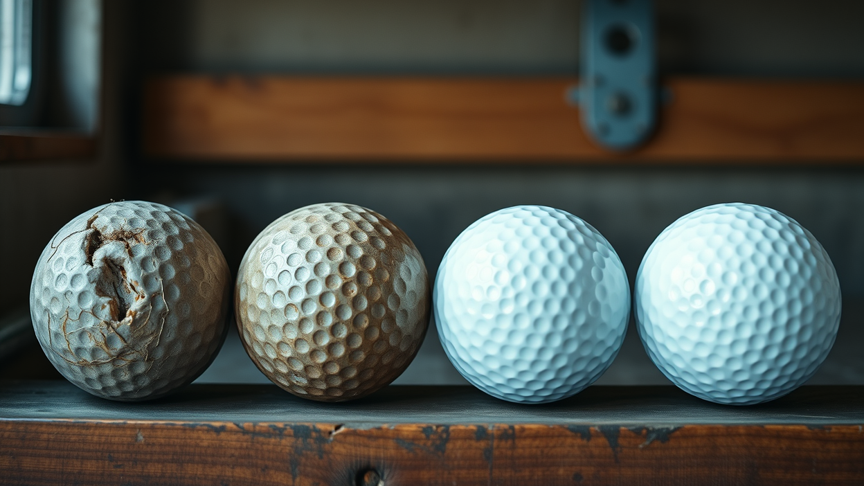 Two weathered golf balls, one with a cracked cover, beside two clean white balls on a garage shelf.