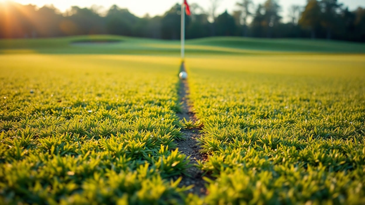 A golf ball sits in a narrow line cut through the turf leading toward a red flagstick, warm golden backlight, trees and a bunker softly blurred behind.