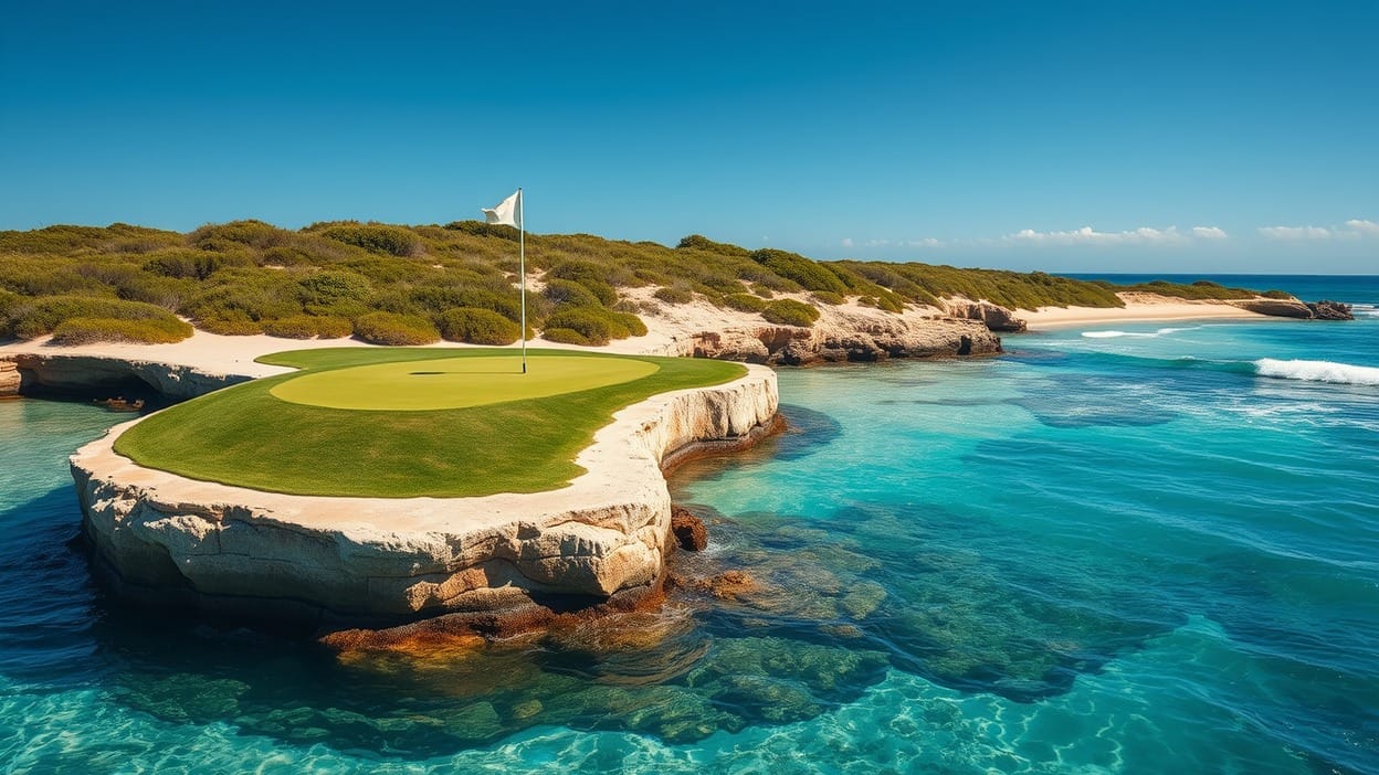 Conceptual illustration of a golf green on a low pink-tinted limestone bluff surrounded by turquoise ocean water, evoking a Bermuda-style coastal course.