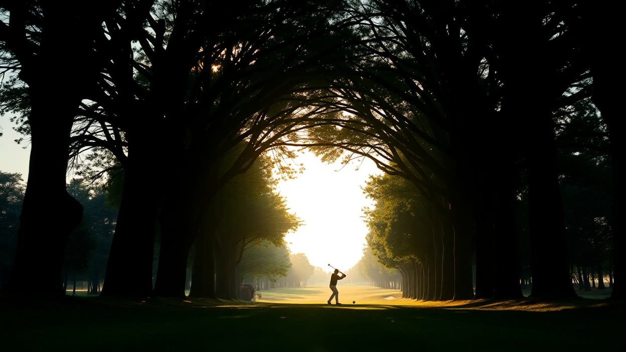 Silhouette of a golfer swinging beneath a dark, arching tunnel of overhanging tree branches, with a sunlit open fairway glowing through the gap ahead.