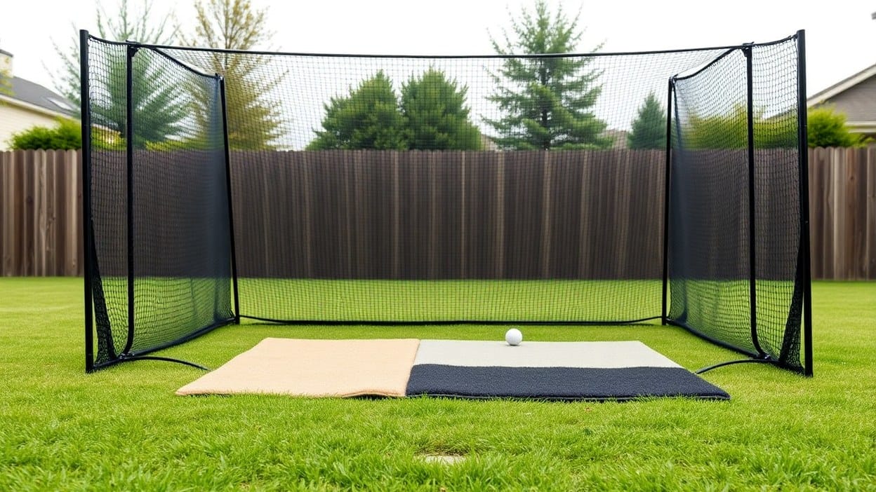 Black golf practice net with angled side barrier wings and a three-zone turf hitting mat set up on a backyard lawn.