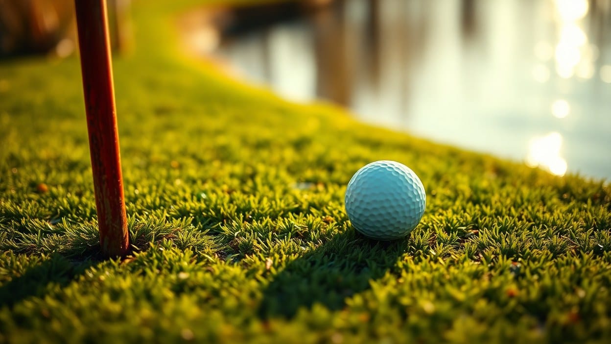 A golf ball rests on short grass beside a single red stake marking the edge of a penalty area, with the water falling away in soft focus behind it.