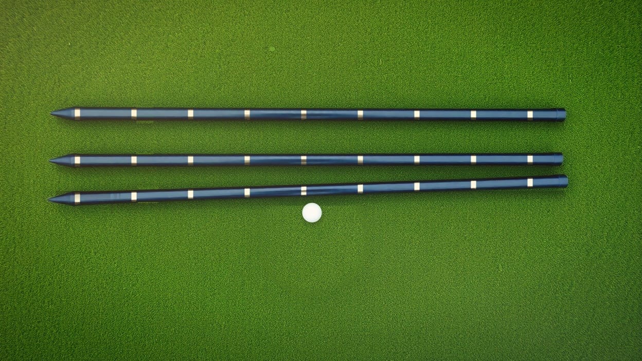 Three blue SKLZ alignment rods with nine gold bands each, pointed tips and rubber end caps, laid parallel on grass with a golf ball below the middle rod in warm golden-hour light.