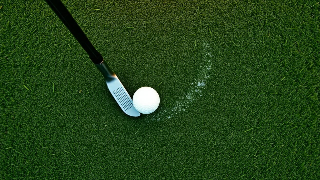 Overhead shot of a golf iron and ball at impact. The clubface's straight edge points one way while a curved turf spray trail arcs off at a different angle, showing face versus path.