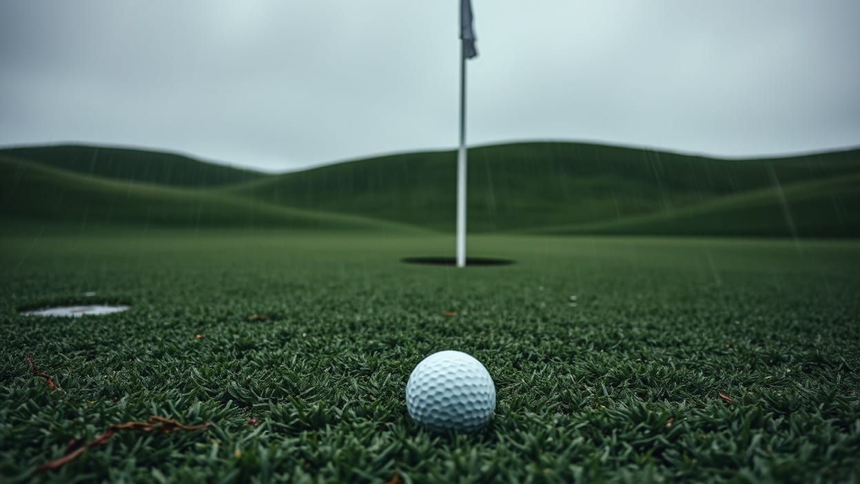 A golf ball resting on a rain-soaked green a short distance from the hole, a grey flagstick behind it, faint rain streaks and a puddle visible on the dark wet grass under an overcast sky.